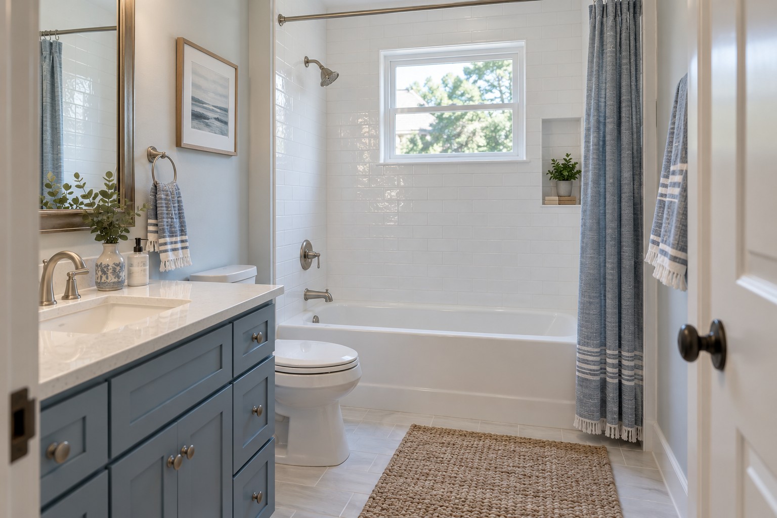 Illustrative refreshed bathroom with white bathtub and tile surround