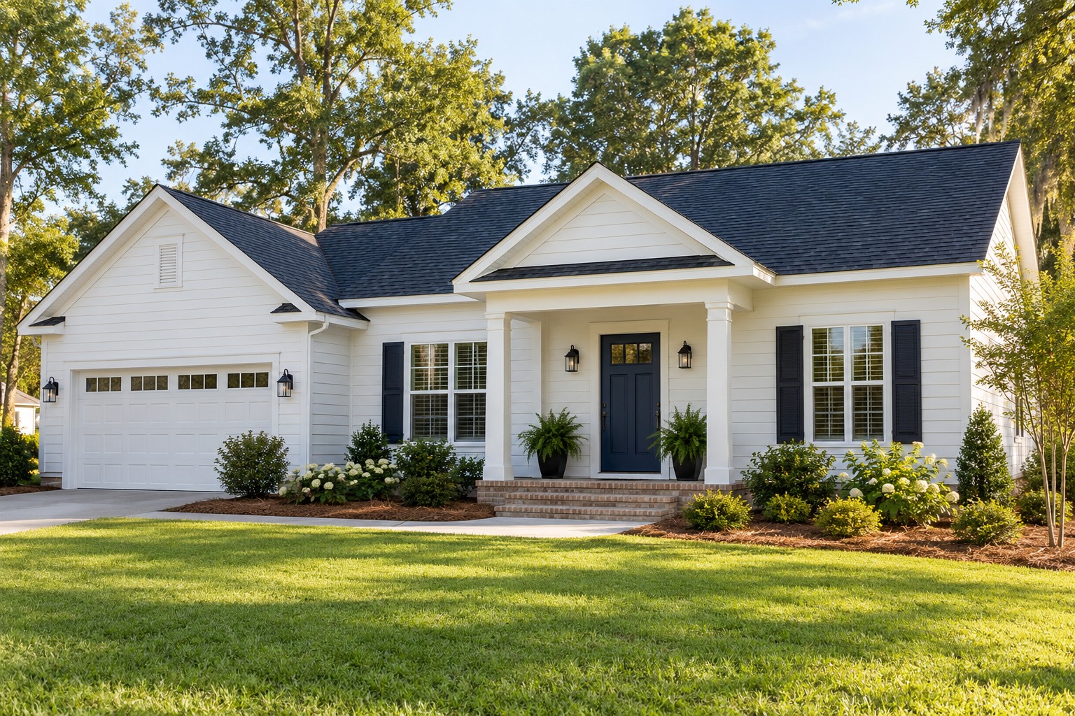 Illustrative single-story home with fresh white exterior paint and navy front door